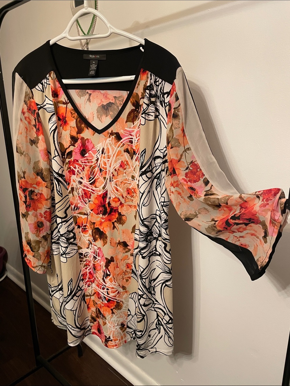 Style & Co. Floral V-Neck Chiffon-Sleeve Tunic in Beige, Pink and Black
